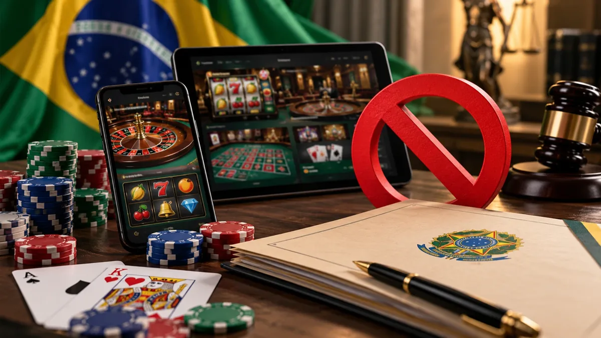 Celular e tablet com jogos de cassino, fichas, sinal de proibição e documento com o brasão da República